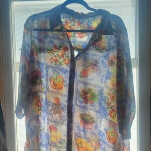 Colorful Sheer Button-Up Blouse